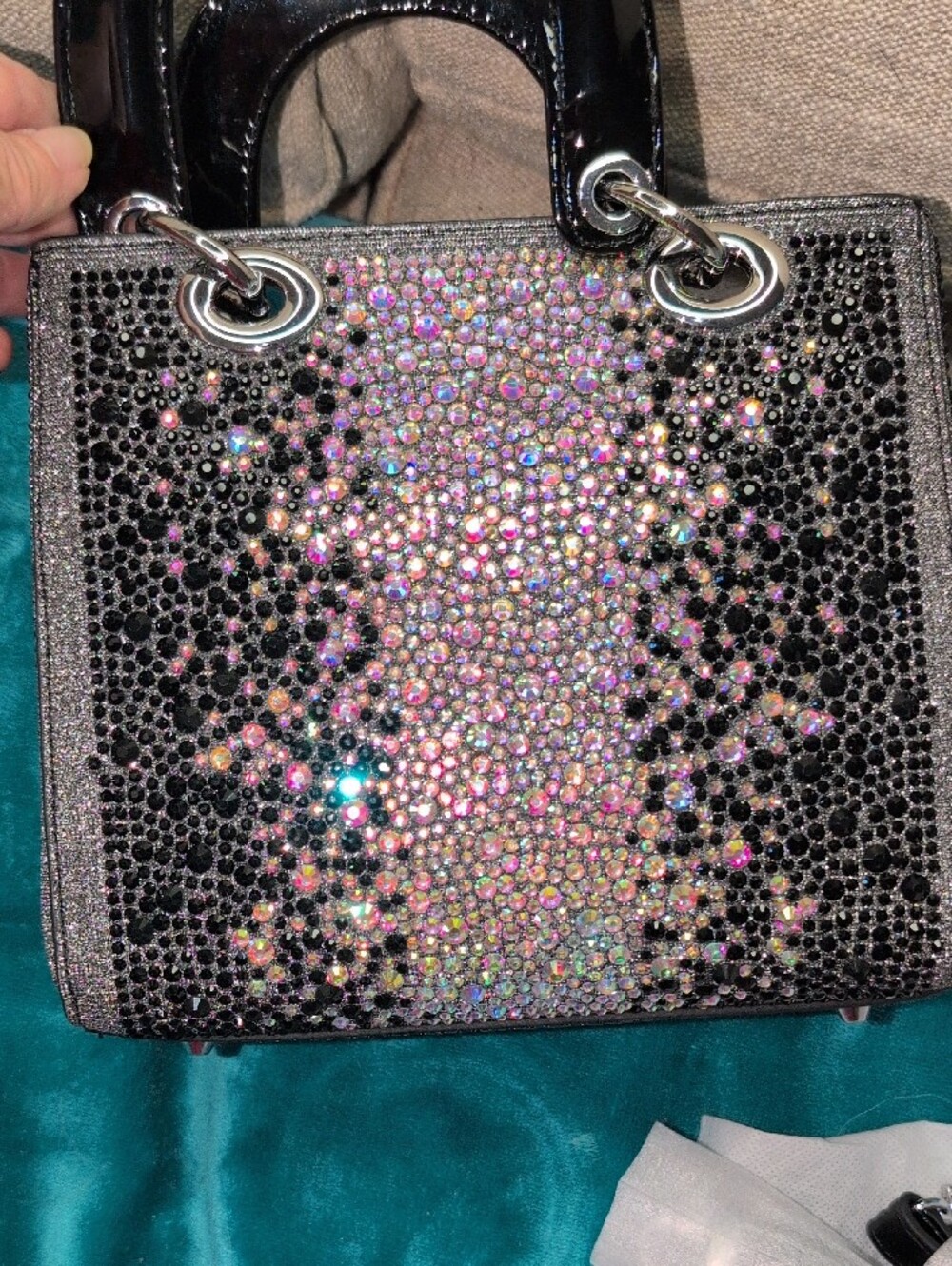 Crystal-Embellished Black Patent Mini Tote  With Crossbody Strap - Picture 5 of 16